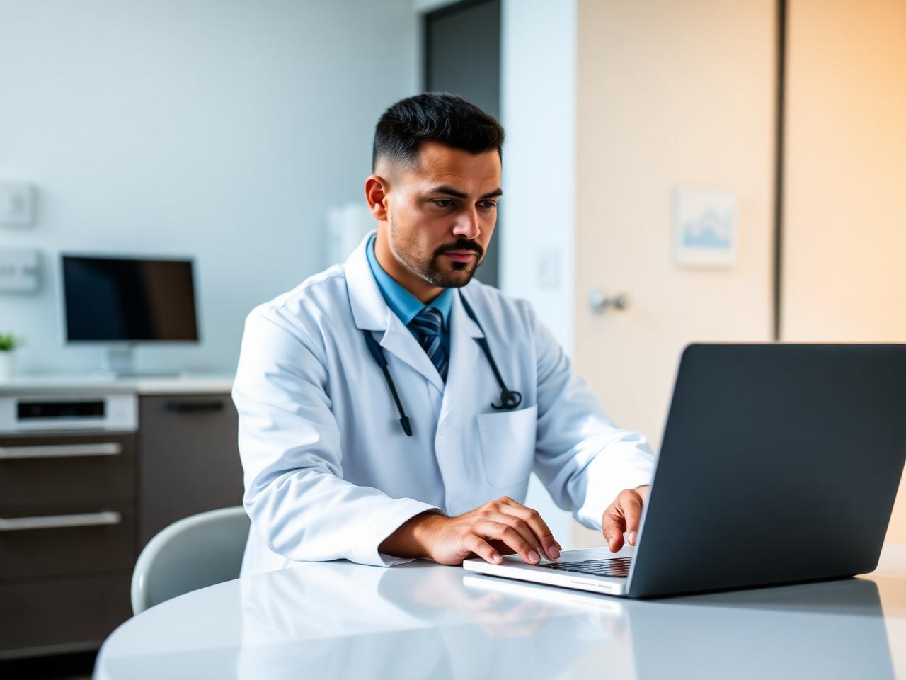 Klinisi melihat dashboard klinis di laptop pada ruang klinik modern