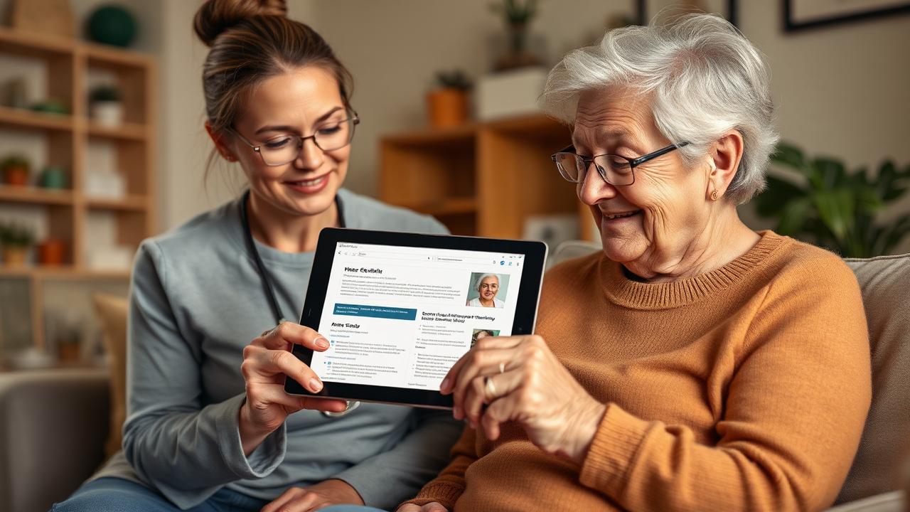 Caregiver membantu lansia membaca artikel edukasi kesehatan di tablet